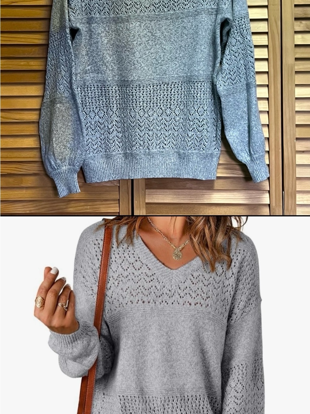 Amazon Gray V-Neck Openwork Knit Sweater